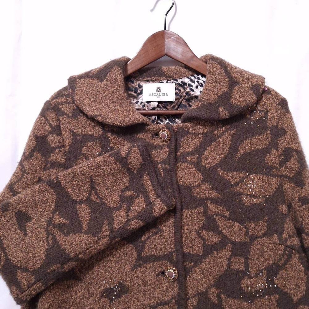 Vtg Escalier‎ Brown Floral Coat Sz L Rhinestone Animal Print Lining Luxury